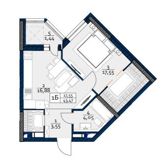1-комнатная 43.47 м² в ЖК POLARIS Home&Plaza от 42 032 грн/м², Киев